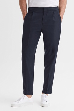 Relaxed Drawstring Trousers with Turn-Ups in Navy