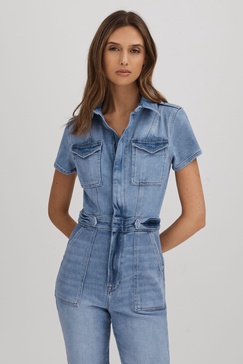 Good American Denim Skinny Jumpsuit in Mid Blue