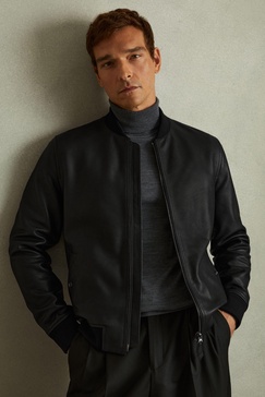 Cast Black Grained Leather Bomber Jacket