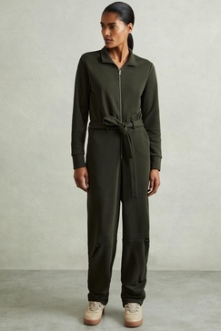 Belted Loopback-Jersey Jumpsuit in Khaki