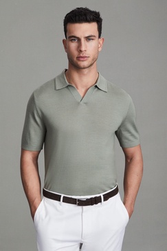 Merino Wool Open Collar Polo Shirt in Pistachio