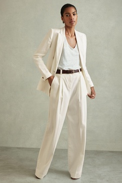 Cotton Blend Wide Leg Trousers in White