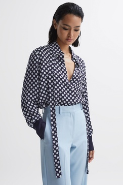 Polka Dot Long Sleeve Neck Tie Blouse in Navy/White