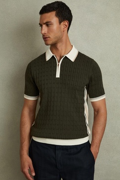 Cotton Blend Cable Knit Half Zip Polo Shirt in Khaki Green/Off White/Camel