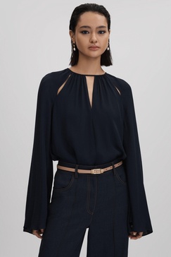 Cut-Out Flute Sleeve Blouse in Navy