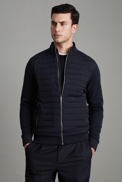 Hybrid Quilt and Knit Zip-Through Jacket in Navy