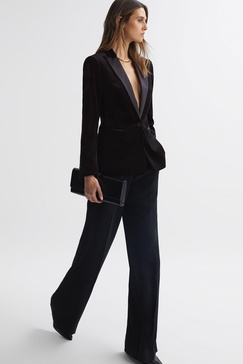 Velvet Single Breasted Suit Blazer in Black