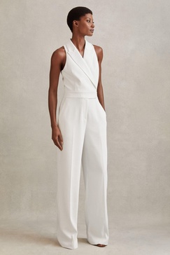 Petite Double Breasted Satin Tux Jumpsuit in White