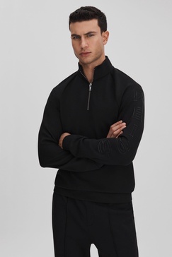 Interlock Jersey Half-Zip Funnel Neck Sweatshirt in Black