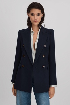 Lana Navy Tailored Textured Wool Blend Double Breasted Blazer