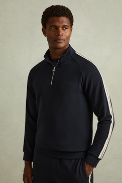 Textured Stripe Half-Zip Funnel Neck Sweatshirt in Navy