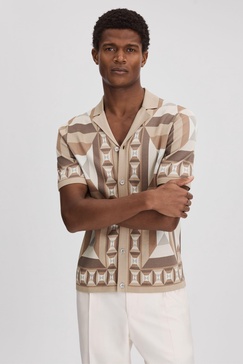 Knitted Cuban Collar Shirt in Camel Multi