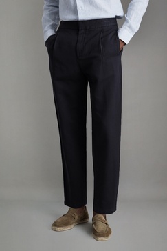 Relaxed Cotton/Linen Blend Elasticated Waist Trousers in Navy