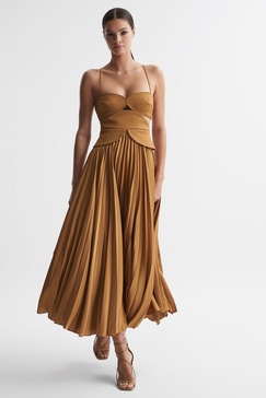 Acler Peplum Pleated Midi Dress in Gold