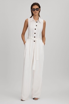 Petite Belted Wide Leg Jumpsuit in White