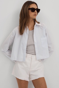 Good American Cotton Poplin Cropped Shirt in Blue Stripe