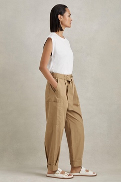 Cotton Tapered Parachute Trousers in Sand