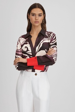 Printed High-Low Button-Through Shirt in Burgundy/Cream