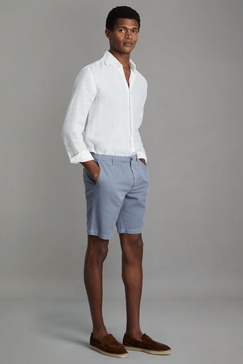 Cotton Linen Blend Internal Drawstring Shorts in Airforce Blue