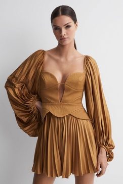 Acler Peplum Pleated Mini Dress in Gold