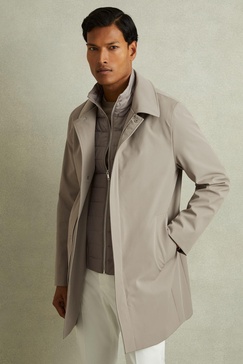 Hybrid Removable Funnel Neck Overcoat in Taupe