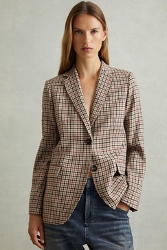 Wool Blend Checked Single Breasted Blazer in Natural Check