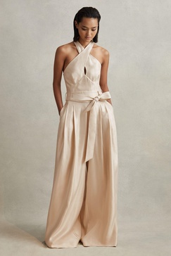 Viscose Linen Wide Leg Jumpsuit in Neutral