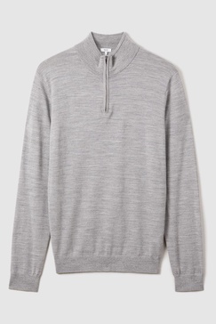 Merino Wool Half-Zip Funnel Neck Jumper in Soft Grey Mouline