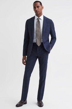 Slim Fit Wool Checked Trousers in Indigo