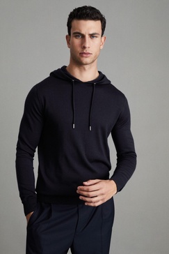 Merino Wool Drawstring Hoodie in Navy