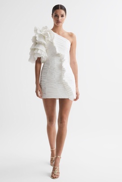 Acler One-Shoulder Ruffle Mini Dress in Ivory