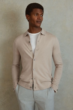 Merino Wool Button-Through Cardigan in Washed Stone