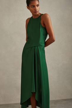 Petite Satin Drape Tuck Midi Dress in Green