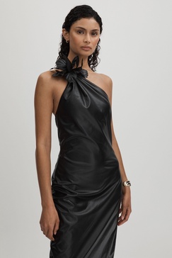 Halston Faux Leather One-Shoulder Maxi Dress in Black