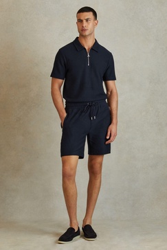 Textured Cotton Drawstring Shorts in Navy