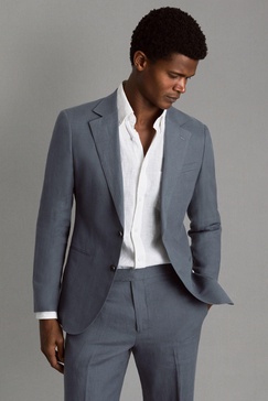 Slim Fit Single Breasted 100% Linen Blazer in Airforce Blue