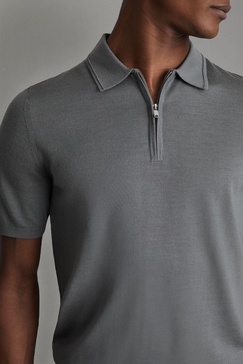 Merino Wool Half-Zip Polo Shirt in Dusty Green