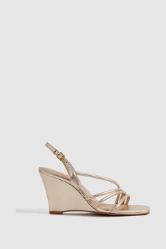 Leather Strappy Wedge Heels in Gold