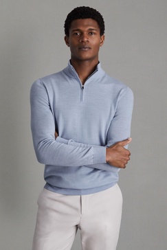 Merino Wool Half-Zip Funnel Neck Jumper in Soft Blue Melange