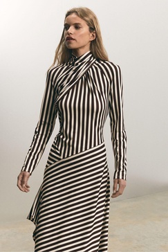 Cat Brown/Cream Striped Jersey Asymmetric Midi Dress