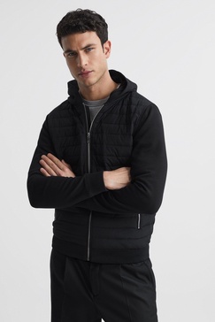 Hybrid Zip Quilted Hooded Jacket in Black