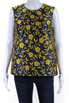 womens floral jacquard sleeveless shell top blue yellow