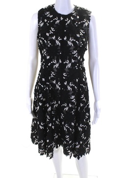 womens back zip embroidered overlay flare dress black white