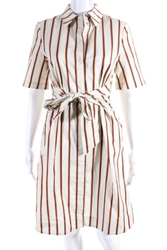 womens belted short sleeve striped button down shirt dress beige