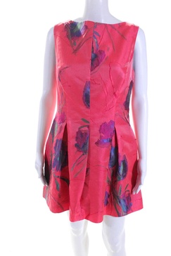 womens red crepe floral crew neck sleeveless fit & flare dress