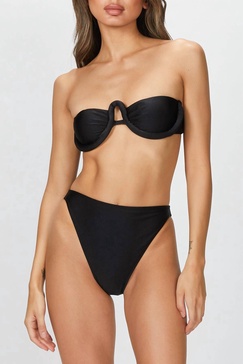 solid high-leg strapless bikini set in black