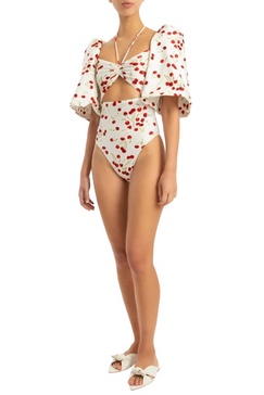 cherry bomb puff-sleeved swimsuit in off white