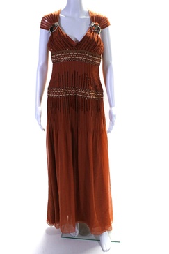 womens silk jeweled v neck sleeveless maxi dress orange