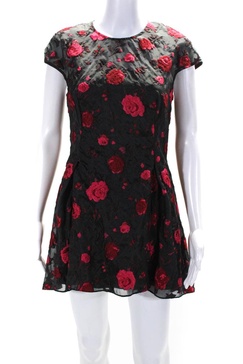 womens embroidered floral print pleated zipped dress black