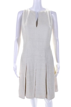 womens beige silk textured v-neck sleeveless shift dress